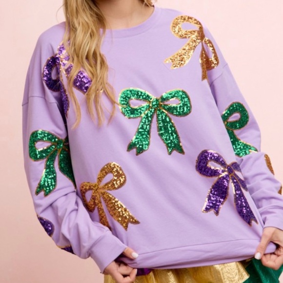 BiBi Tops - Mardi Gras Sequin Bow Sweatshirt